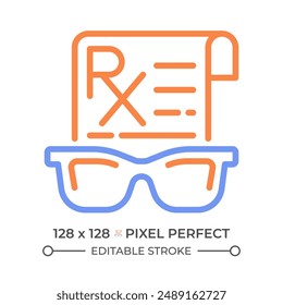 Spectacles prescription two color line icon. Buying glasses. Prescription medical equipment, eye care bicolor outline symbol. Duotone linear pictogram. Isolated illustration. Editable stroke