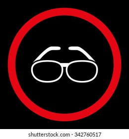 Spectacles vector icon. Style is bicolor flat rounded symbol, red and white colors, rounded angles, black background.