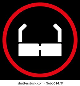 Spectacles vector icon. Style is bicolor flat circled symbol, red and white colors, rounded angles, black background.