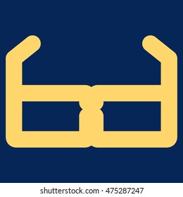 Spectacles vector icon. Style is contour flat icon symbol, yellow color, blue background.
