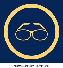 Spectacles vector icon. Style is flat rounded symbol, yellow color, rounded angles, blue background.