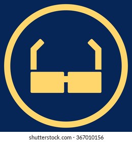 Spectacles vector icon. Style is flat circled symbol, yellow color, rounded angles, blue background.