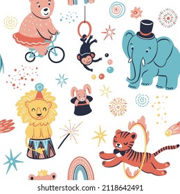 Spectacular animals in circus. Seamless pattern  with hand drawn Vector illustrations