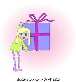 Spectacular bright blue-eyed blonde woman holding a big present or gift. She is about to give it to someone.