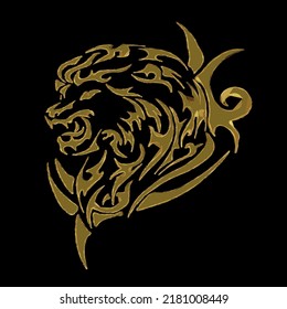 Spectacular drawing of a golden lion on a black background. Fashionable print for youth clothing. Decor.