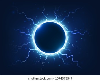Spectacular electricity thunder shining spark and lightning surround blue electric ball. Power bright energy plasma sphere surrounded electrical lightnings storm isolated vector background realism