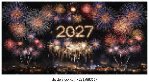 Spectacular fireworks display lights up night sky over an urban cityscape, celebrating Happy New Year 2027 with vibrant bursts.