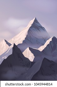 Spectacular Landscape With Mountain Crests Or Picks Covered With Snow And Shrouded In Mist. Beautiful Mounts Or Rocks. Mountaineering And Adventure Travel. Colorful Realistic Vector Illustration.