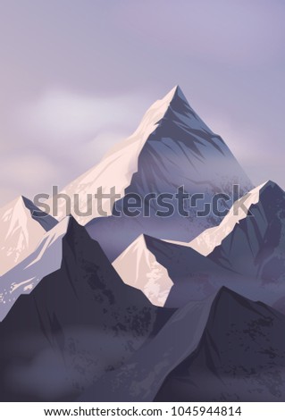 Spectacular landscape with mountain crests or picks covered with snow and shrouded in mist. Beautiful mounts or rocks. Mountaineering and adventure travel. Colorful realistic vector illustration.