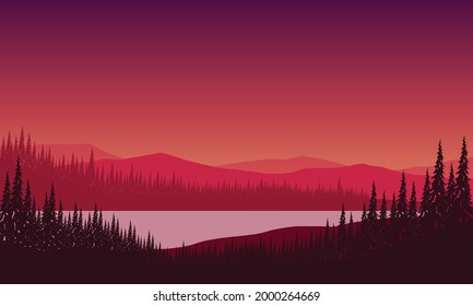 Spectacular Mountain views from the riverbank at dusk with the silhouette of pine trees all around. Vector illustration of a city