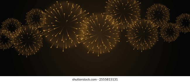 A spectacular night sky with golden fireworks, vector illustration. Fireworks with stars and sparks. festival colorful fireworks. Happy new year design. 