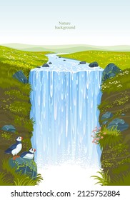 Spectacular north landscape with waterfall views and puffin birds. Vector illustration