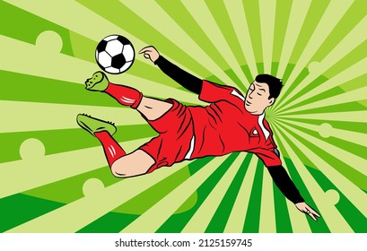 Spectacular overhead kick flat illustration design in soccer. always in the spotlight in every game. vector