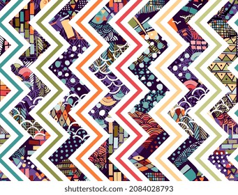 Spectacular patchwork pattern of various zigaz-like elements. Colored zippers on a white background and motley wide chevron patches. Seamless print for fabric. Vector illustration.