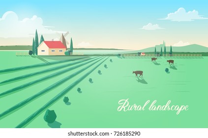 Spectacular rural landscape with farm building, windmill, cows grazing in green field against beautiful sky on background. Beautiful pastoral scenery with domestic cattle. Colored vector illustration.