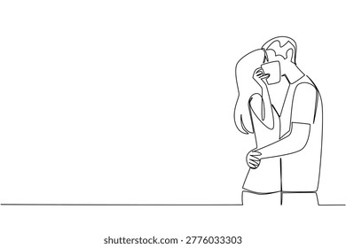 Spectacular single line drawing shows a handsome young man and a beauty female woman hiding a kiss behind a coffee mug. A morning romance concept wonderfully suits an aesthetic cafe menu cover page.