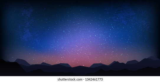 Spectacular sky with stars. Starry sky with mountain landskape, sunset sky, stardust. Vector illustration