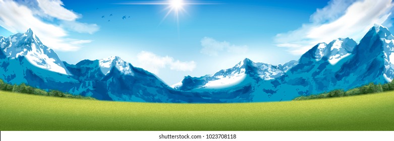 Spectacular snow mountain scenery, landscape orientation with attractive mountain and green field