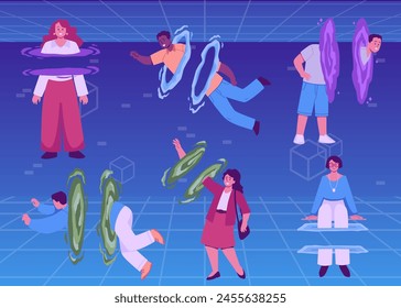 Spectacular teleportation loops and divided human forms. Set of vector illustrations of human figures entering portals, separated body parts in space. Vector isolated illustration.