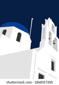 Spectacular traditional Greek church in Santorini, with whitewashed walls and blue dome over dark blue sky, and bell tower. 3D color vector illustration with copy space