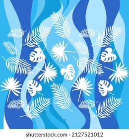 
Spectacular tropical pattern. White silhouettes of palm leaves against blue waves. Seamless vector print for fabrics, wallpapers.