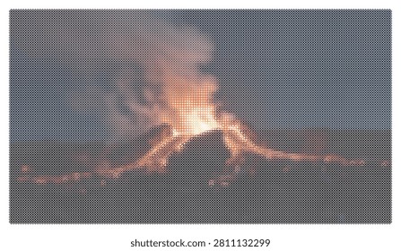 Spectacular volcanic eruption at night, displaying fiery lava flowing down mountain slopes, with smoke and ash rising against dark sky.