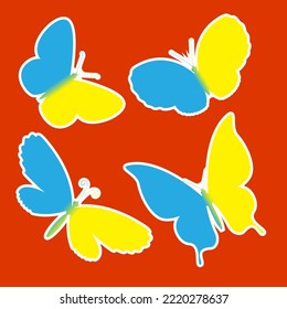 Spectacular yellow-blue butterflies on a red background