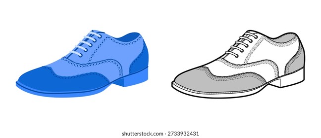 Spectator mens blue flat plus line set. Two tone oxford derby lace up classic formal suit footwear. Technical fashion illustration CAD mockup sketch vector women unisex isolated.