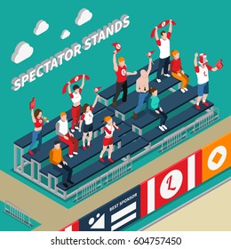 Spectator stands with excited fans with white red accessories during sporting event isometric vector illustration  