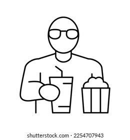 spectator watching movie and eating popcorn in cinema line icon vector. spectator watching movie and eating popcorn in cinema sign. isolated contour symbol black illustration