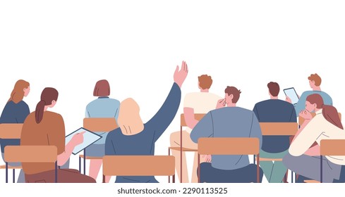 Spectators or audience, students sitting on chairs on lecture. Flat male and female characters on business training, vector people group