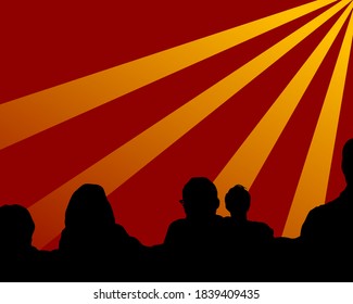Spectators in nightclub in front of the screen. Silhouettes of people