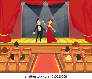 Spectators watch representation in the theater. Artists perform on stage in theatrical productions. vector illustration.