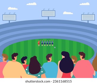 Espectadores viendo partidos de fútbol en el estadio desde tribunas. Vista posterior de la audiencia viendo el torneo o la ilustración vectorial del campeonato. Deportes, campeonato, concepto de fútbol