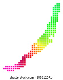 Spectral Baikal Lake map. Vector cell geographic plan in bright rainbow colors with circular gradient. Bright vector abstraction of Baikal Lake map combined of regular square small elements.