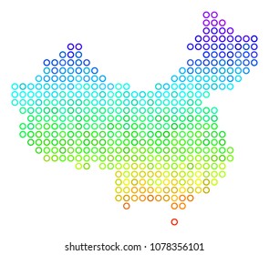 Spectral China Map. Vector geographic map in bright spectral color shades. Spectrum has vertical gradient. Colored vector pattern of China Map created of circle bubbles.