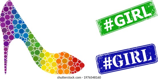 Spectral colored gradient circle collage high heel shoe, and hashtag Girl unclean framed rectangle seals. Blue and green seals have hashtag Girl text inside framed rectangles.