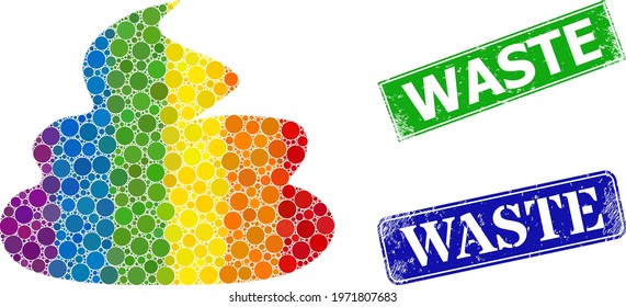 Spectral colored gradient round dot mosaic shit, and Waste scratched framed rectangle seals. Blue and green seals contain Waste title inside framed rectangles.