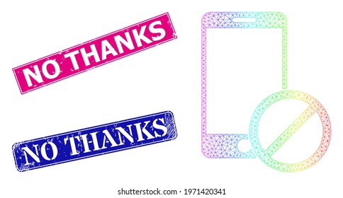 Spectral colored mesh deny smartphone, and No Thanks rubber framed rectangle seals. Pink and blue rectangle seals have No Thanks caption. Vector model based on deny smartphone icon.