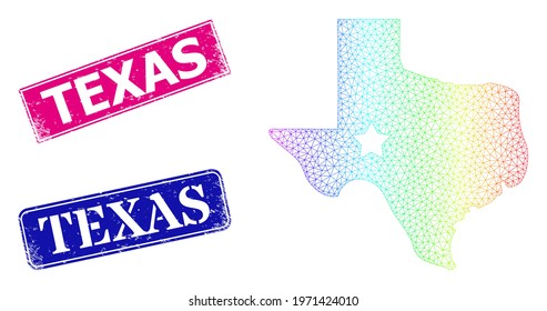 Spectral colored mesh texas map logo, and Texas textured framed rectangle stamps. Pink and blue rectangle stamps have Texas title. Vector model based on texas map logo icon.
