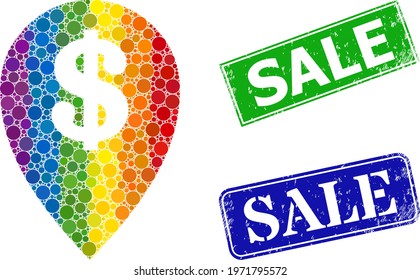 Spectral colorful gradient circle collage bank map marker, and Sale unclean framed rectangle stamp seals. Blue and green seals include Sale text inside framed rectangles.