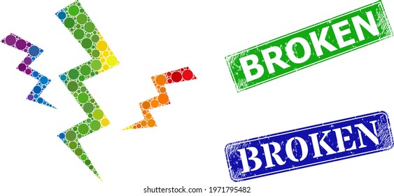 Spectral colorful gradiented circle collage crack strikes, and Broken grunge framed rectangle stamp seals. Blue and green stamp seals have Broken text inside framed rectangles.