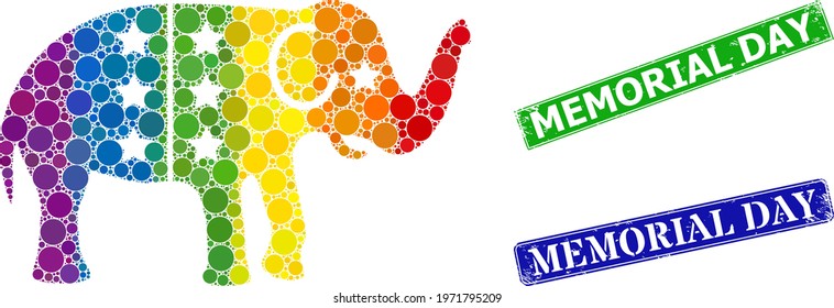 Spectral colorful gradiented round dot mosaic american democratic elephant, and Memorial Day textured framed rectangle seals. Blue and green seals contain Memorial Day title inside framed rectangles.