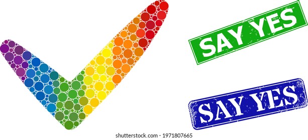 Spectral colorful gradiented round dot mosaic yes, and Say Yes rubber framed rectangle stamp seals. Blue and green seals contain Say Yes title inside framed rectangles.