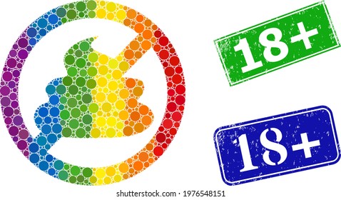 Spectral colorful gradiented rounded dot mosaic stop shit, and 18 Plus grunge framed rectangle stamp seals. Blue and green stamp seals include 18 Plus caption inside framed rectangles.