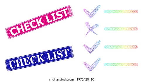 Spectral colorful net check list, and Check List rubber framed rectangle stamp seals. Pink and blue rectangle seals contain Check List text. Vector model created from check list icon.