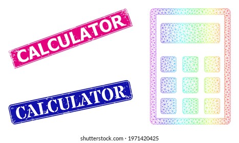 Spectral colorful network calculator, and Calculator grunge framed rectangle stamp seals. Pink and blue rectangle stamp seals contain Calculator tag. Vector model based on calculator icon.