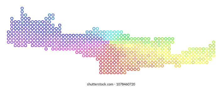 Spectral Crete Island Map. Vector geographic map in bright spectral color color tints. Spectrum has circular gradient. Colorful vector concept of Crete Island Map combined of circle elements.