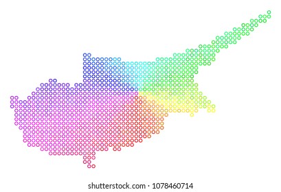Spectral Cyprus Island Map. Vector geographic map in bright spectrum color shades. Spectrum has circular gradient. Multicolored vector composition of Cyprus Island Map composed of circle bubbles.