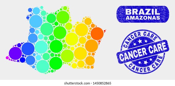 Spectral dot Amazonas State map and stamps. Blue round Cancer Care scratched stamp. Gradiented spectral Amazonas State map mosaic of random round spots. Cancer Care stamp with distress texture.